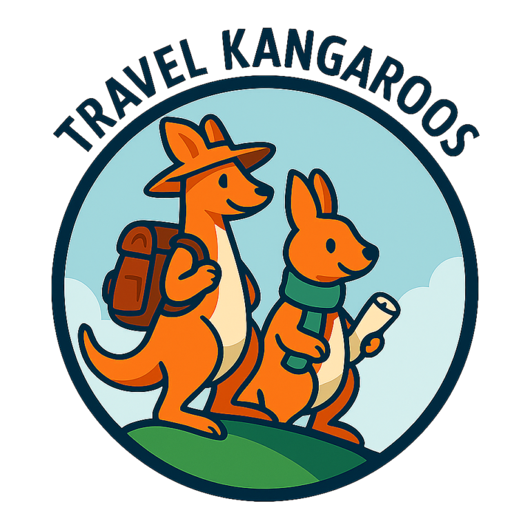Two cartoon kangaroos, one with a backpack and a hat, the other with a map, standing on a hill, looking for new adventures